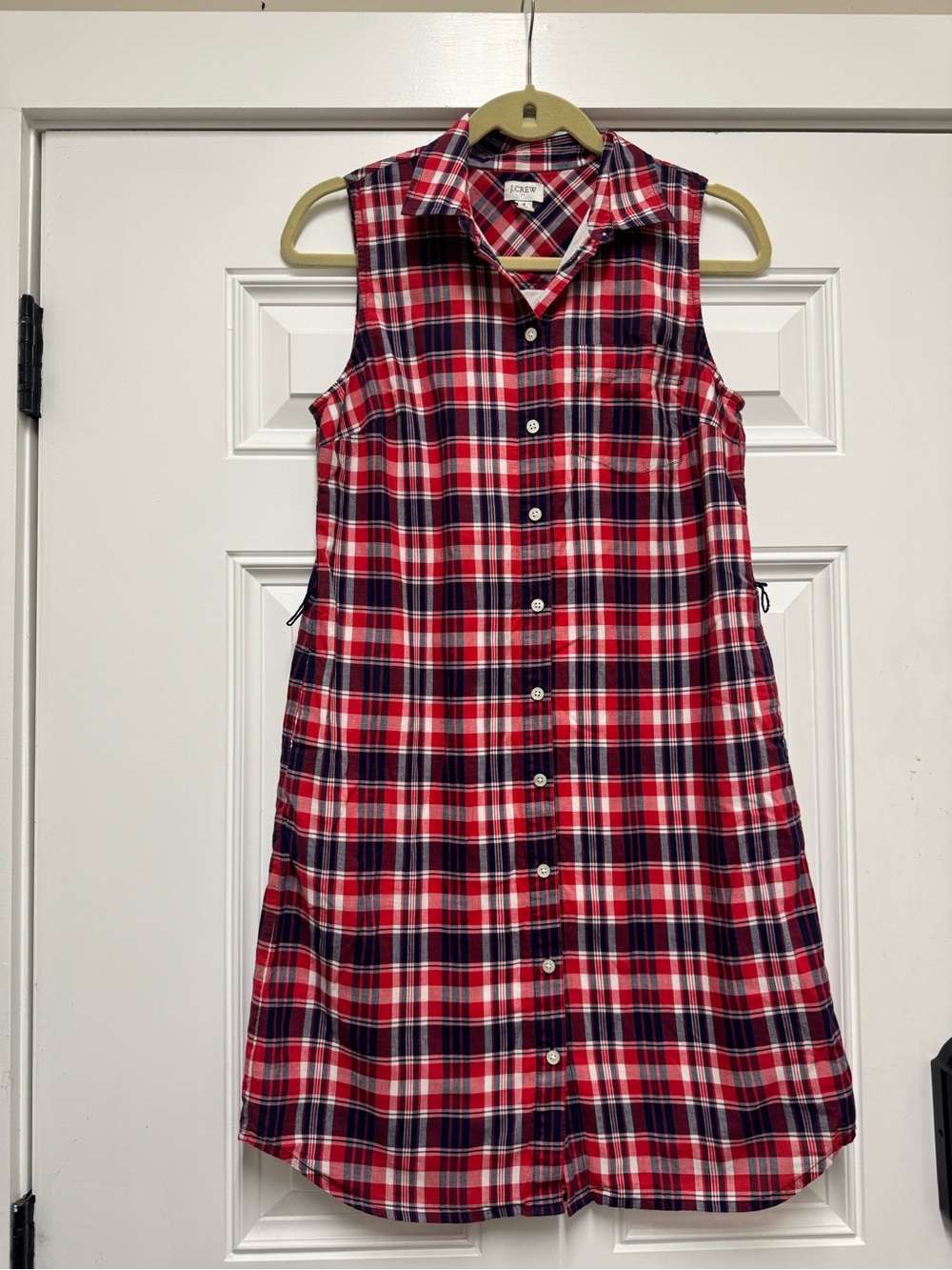 J. Crew Red and Navy Plaid Sleeveless Button-Front Midi Dress